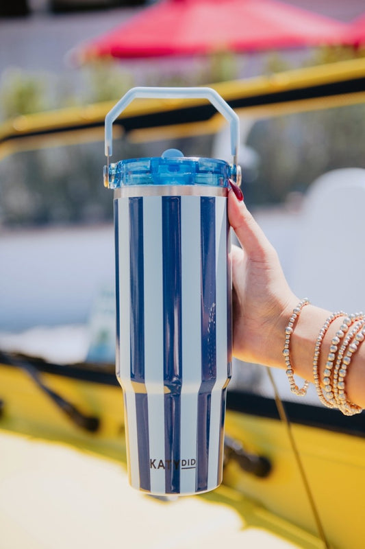 Light Blue and Navy Striped 30 Oz Tumbler Cup