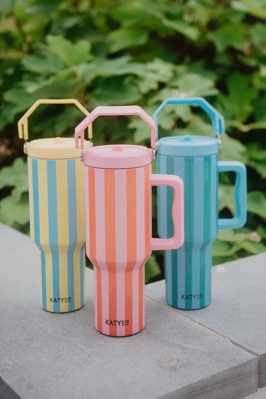 Cabana 38 Oz Tumbler with Handle (Pink and Orange Striped)