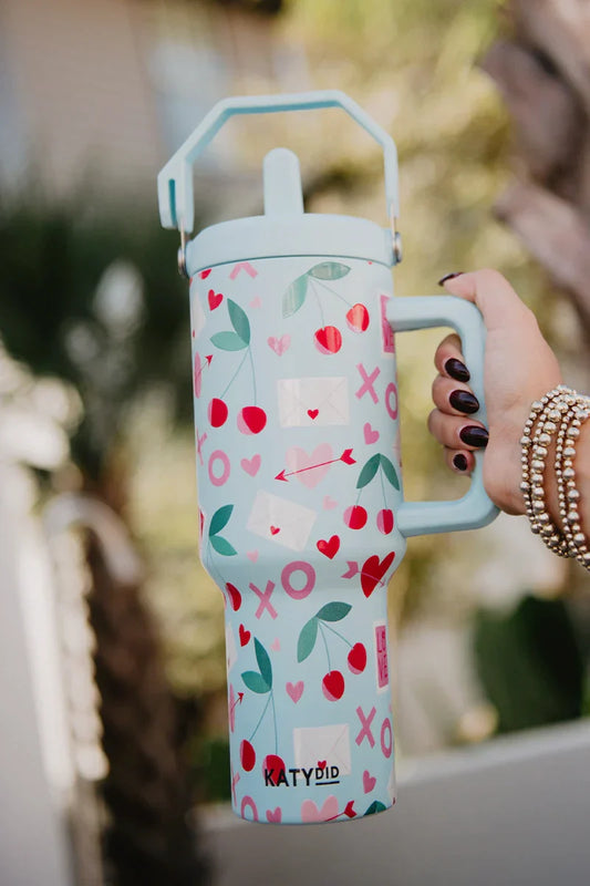 XO Cherries Valentine's Day Tumbler with Lid Handle
