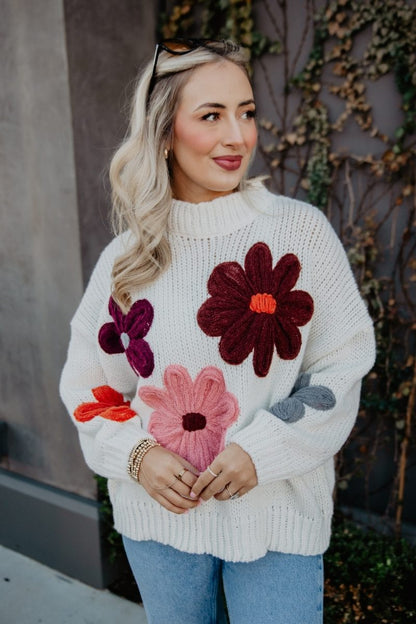 White Floral Warm Fall Stitched Sweater