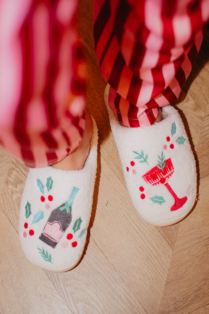 Holiday Champagne. Coupes & Holly Women's Slippers