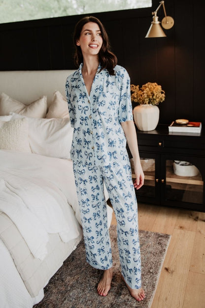 Light Blue Toile Coquette Bows Lounge Pants Set