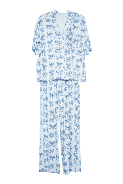 Light Blue Toile Coquette Bows Lounge Pants Set