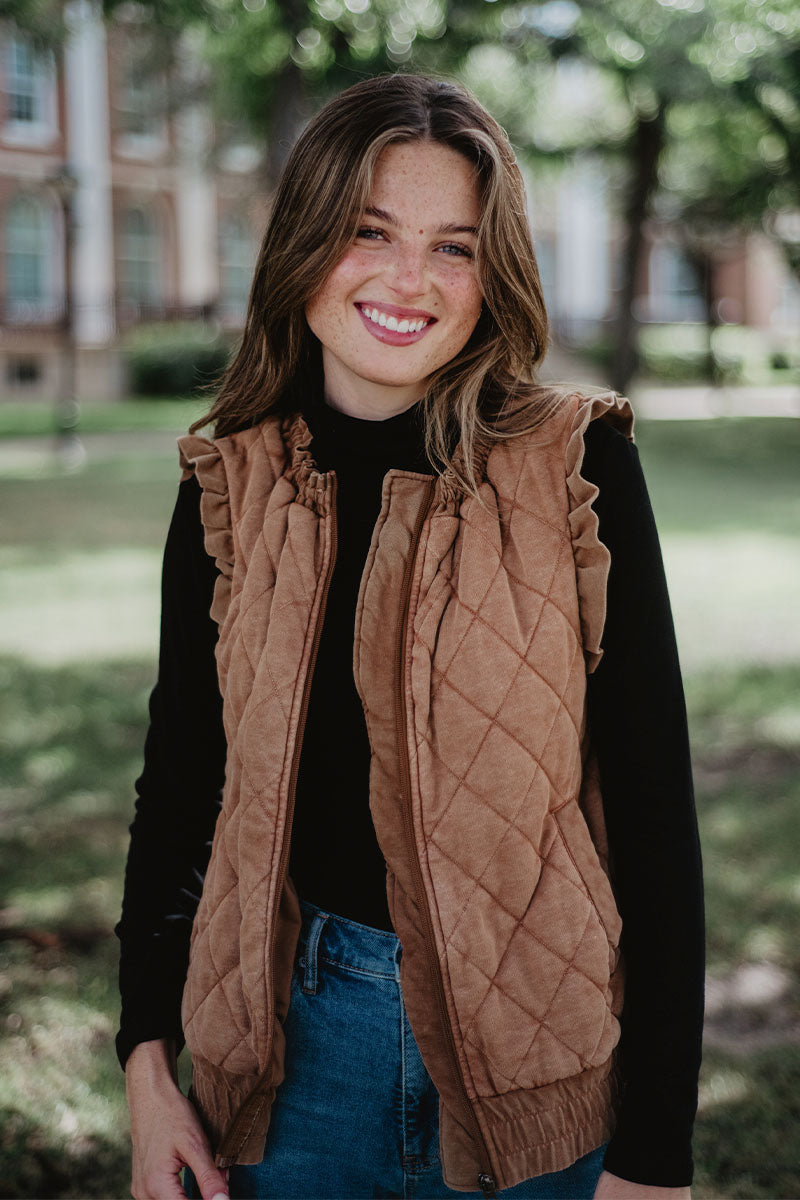 Brown Garment Washed Quilted Ruffle Sleeve Vest