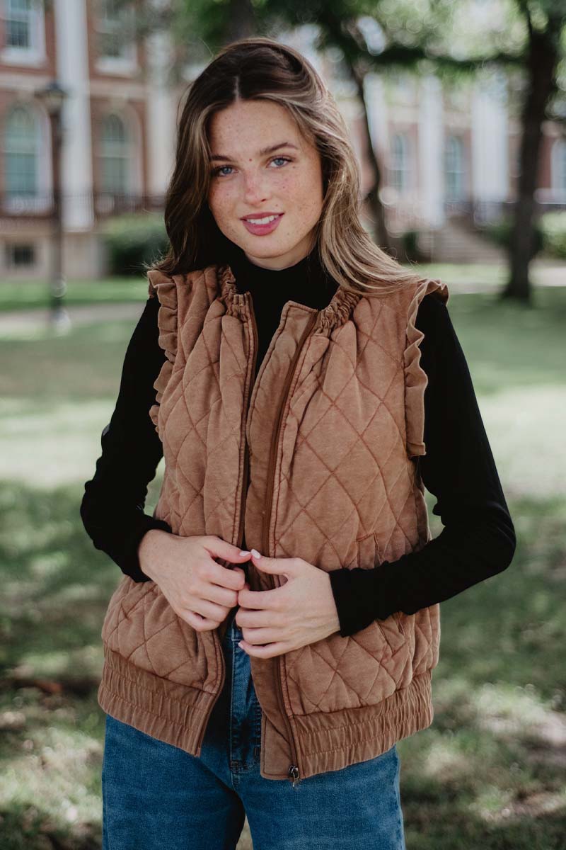 Brown Garment Washed Quilted Ruffle Sleeve Vest