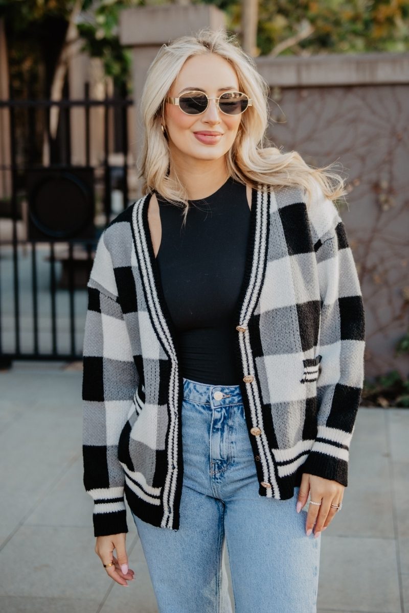 Open Front Black Plaid Cardigan Sweater