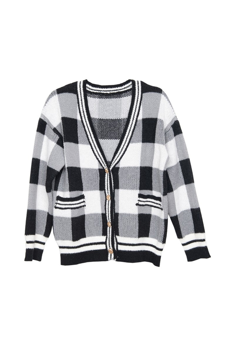 Open Front Black Plaid Cardigan Sweater