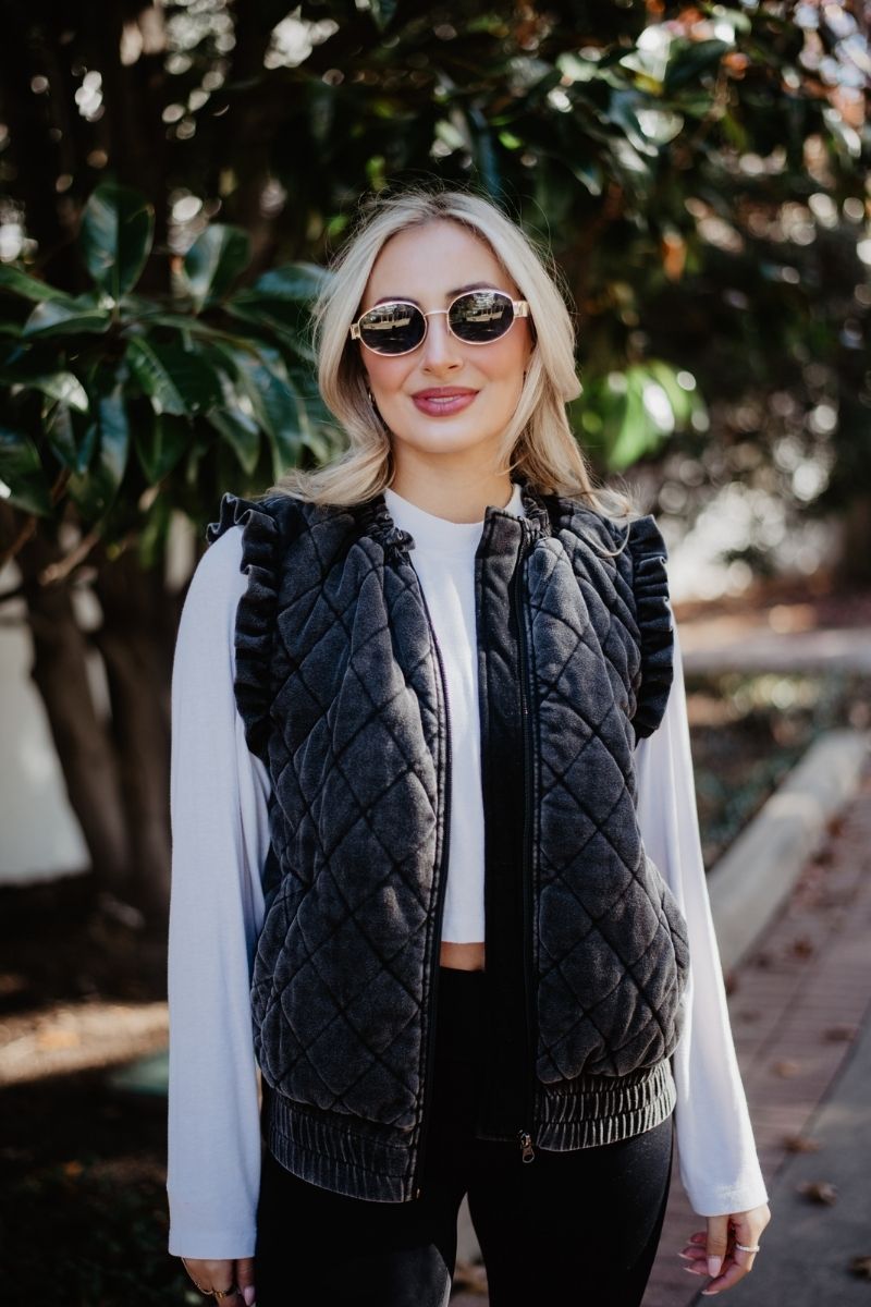 Charcoal Garment Washed Quilted Ruffle Sleeve Vests