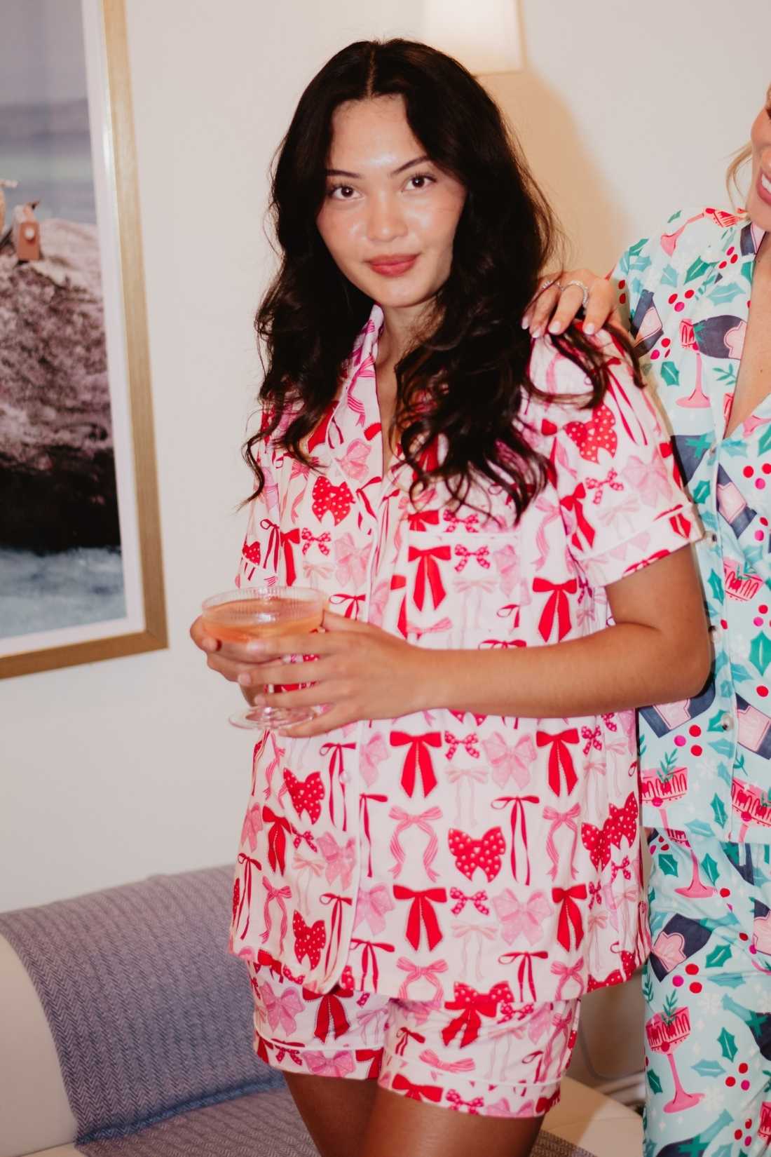 Pink & Red Coquette Bows PJ Shorts Set For Women