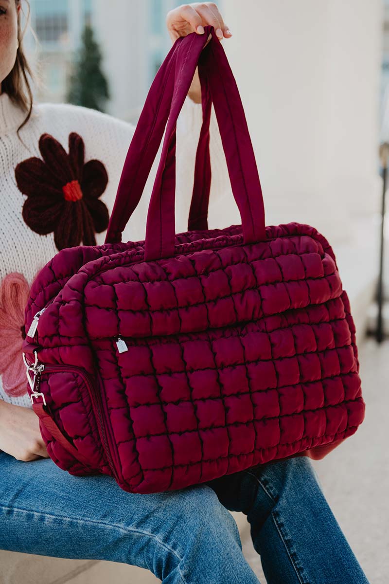 Wine Quilted Duffel Overnight Bag