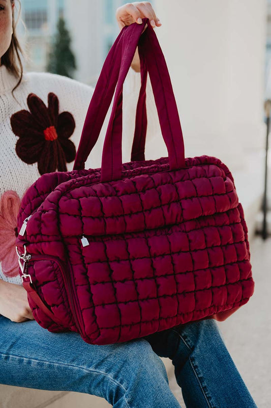 Wine Quilted Duffel Overnight Bag