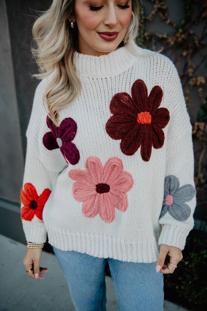 White Floral Warm Fall Stitched Sweater