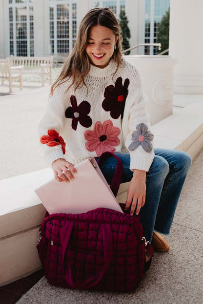 White Floral Warm Fall Stitched Sweater