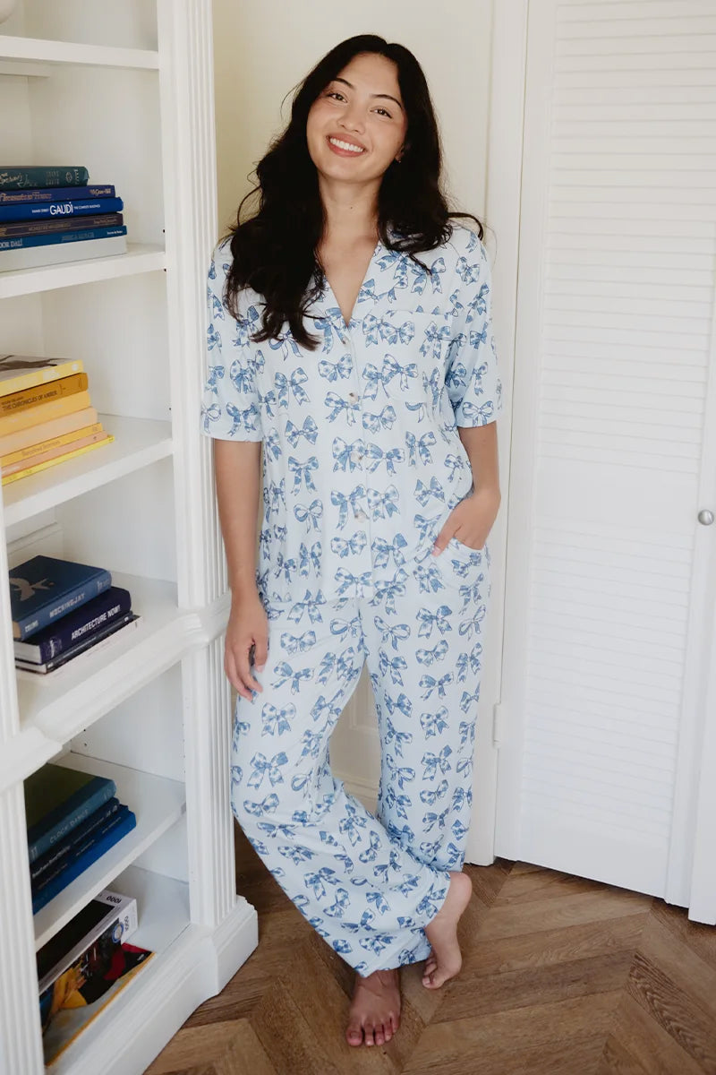 Light Blue Toile Coquette Bows Lounge Pants Set