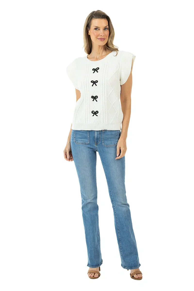 Short Sleeve Bow Sweater Top (White)