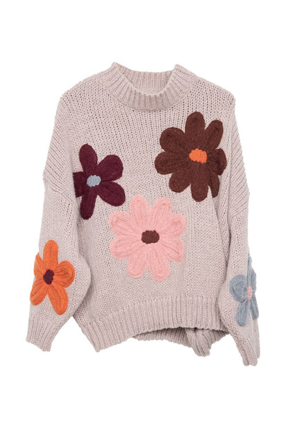 Tan Floral Knit Stitched Sweater