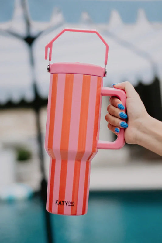 Cabana 38 Oz Tumbler with Handle (Pink and Orange Striped)
