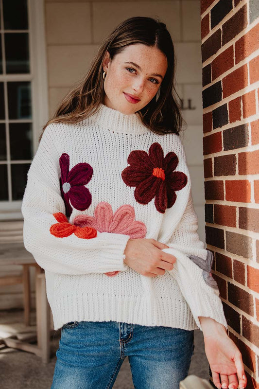 White Floral Warm Fall Stitched Sweater