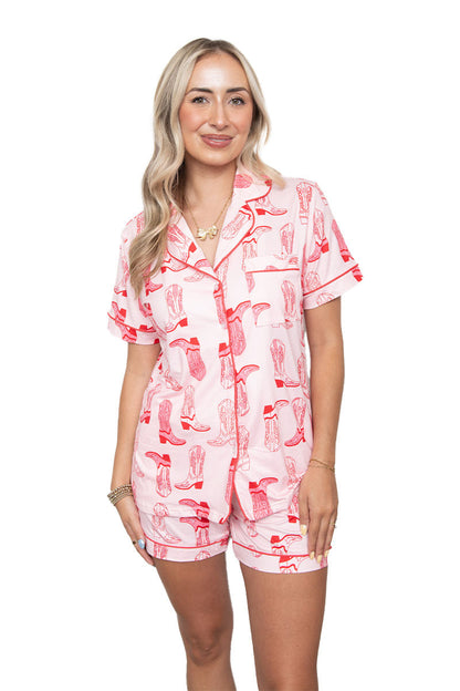 Light Pink Western Boots All Over PJ Short Set