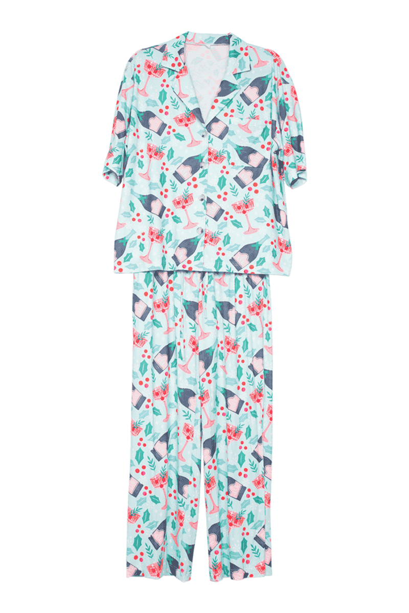 Holiday Champagne. Coupes & Holly Pajama Pants Set