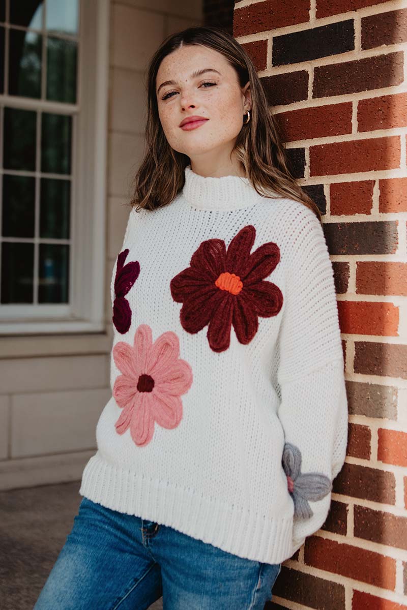 White Floral Warm Fall Stitched Sweater