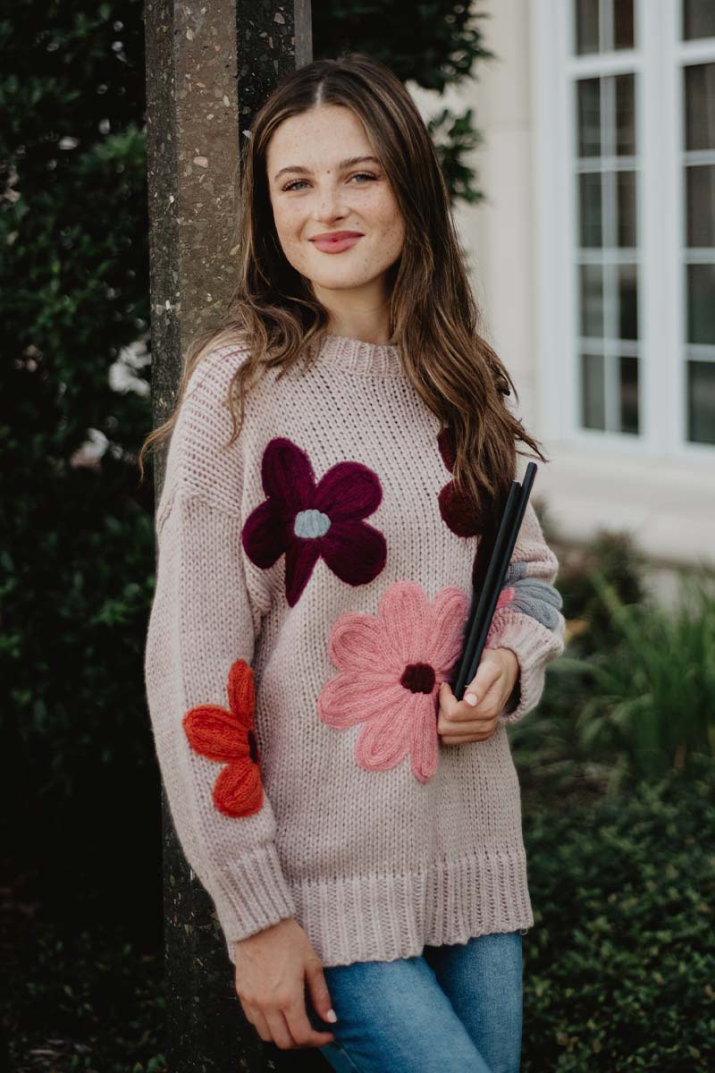 Tan Floral Knit Stitched Sweater