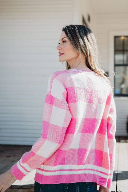 Plaid Gold Button Knitted Pink Cardigan