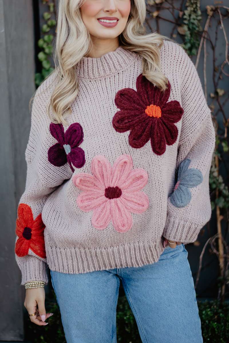 Tan Floral Knit Stitched Sweater