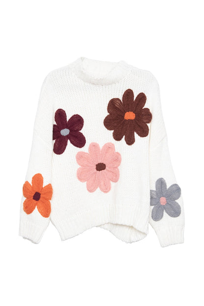 White Floral Warm Fall Stitched Sweater