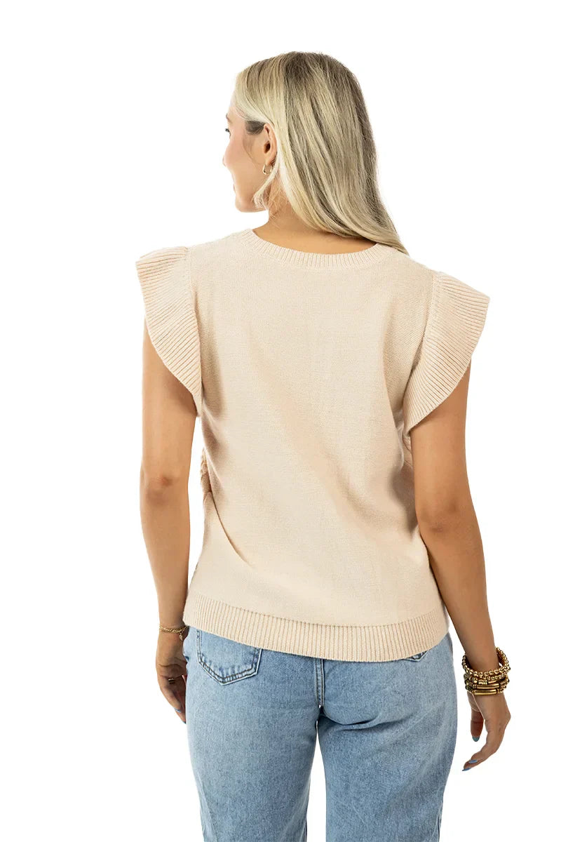 Tan Coquette Bow Sweater Top