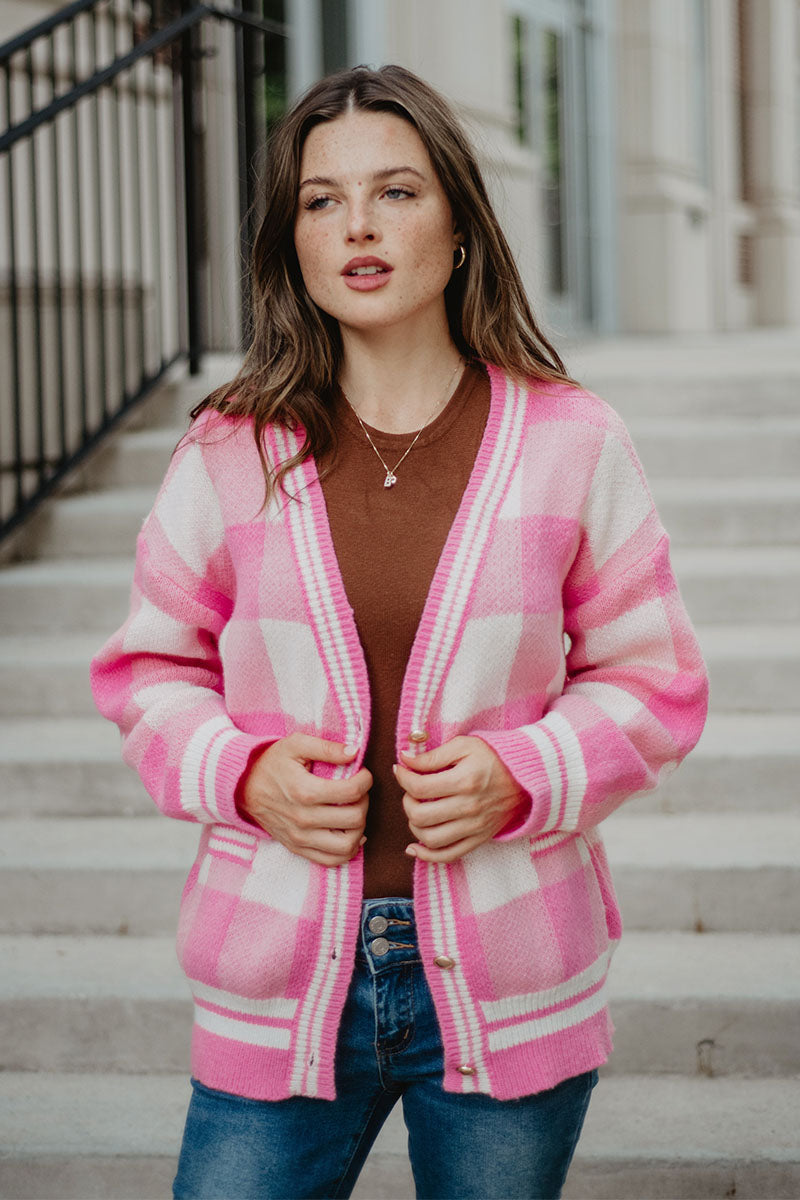 Plaid Gold Button Knitted Pink Cardigan