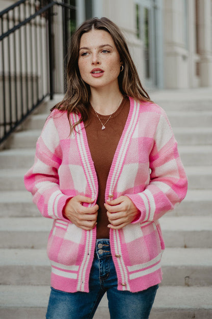 Plaid Gold Button Knitted Pink Cardigan