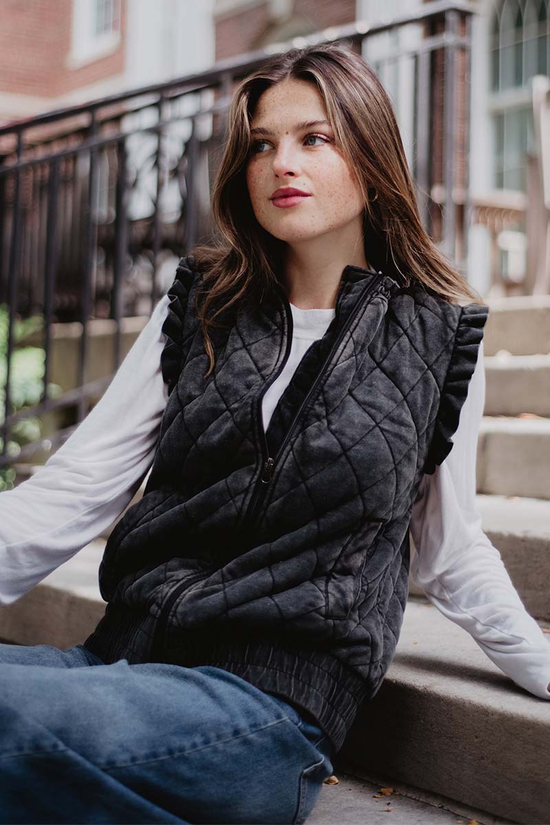 Charcoal Garment Washed Quilted Ruffle Sleeve Vests