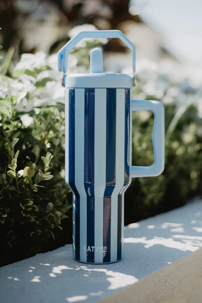 Light Blue and Navy Striped Tumbler With Handle