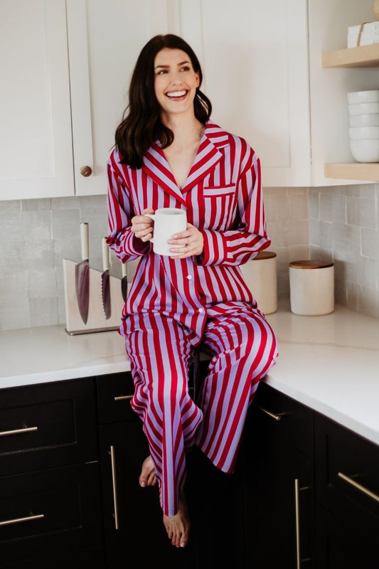 Lilac Striped Satin PJ Sets Women