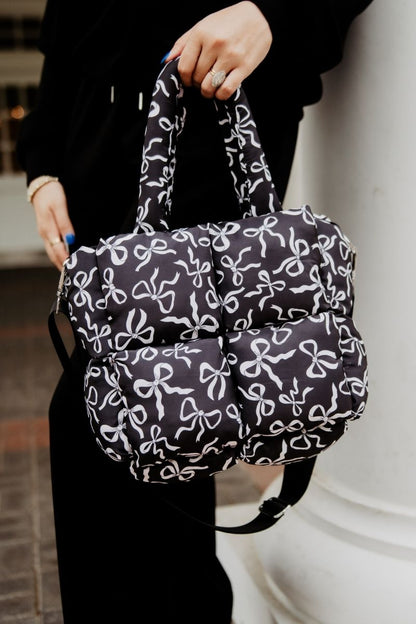 Black Bow Print Puffer Tote
