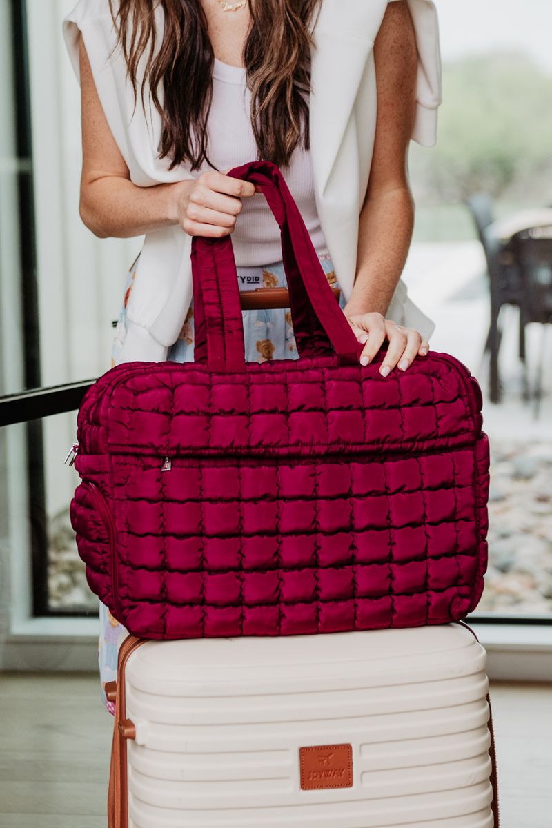 Wine Quilted Duffel Overnight Bag