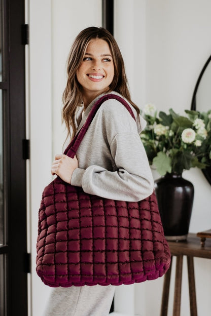 Wine Rectangular Quilted Puffer Tote