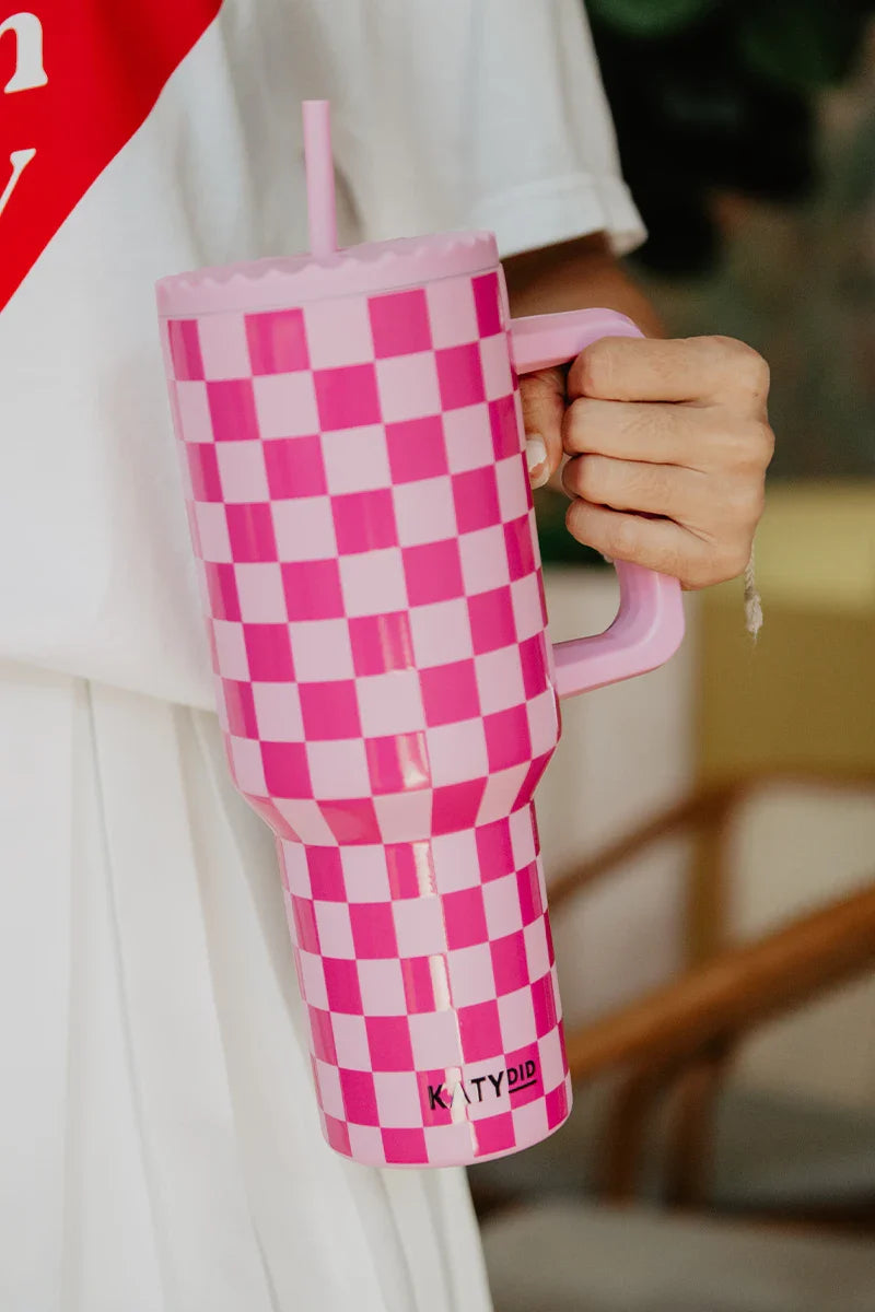 Pink Checker 38 Oz Tumbler with Handle