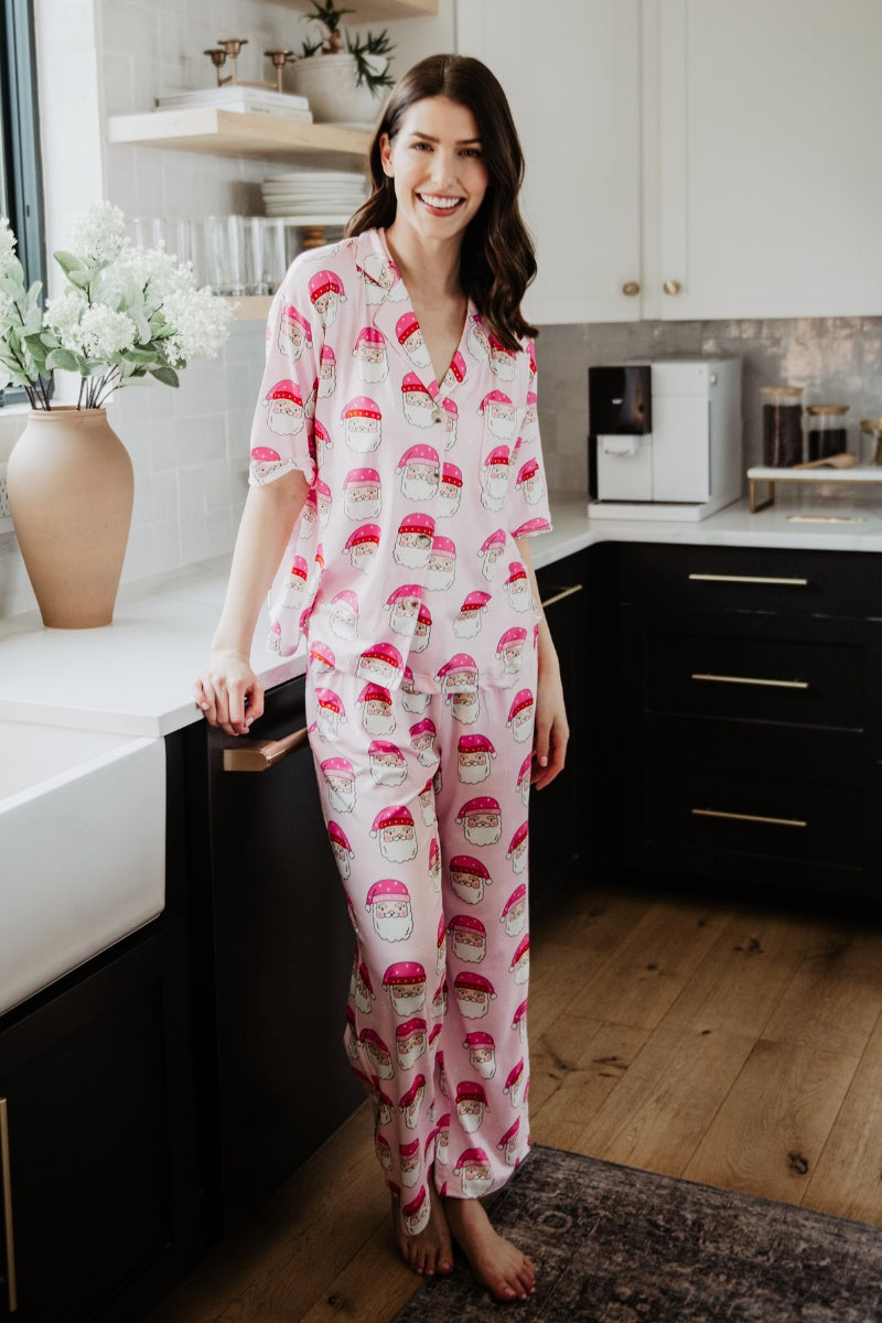 Pink Santa Face Pajama Pants Set