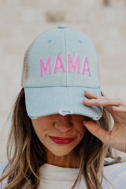 MAMA (Pink and White) Denim Trucker Hat