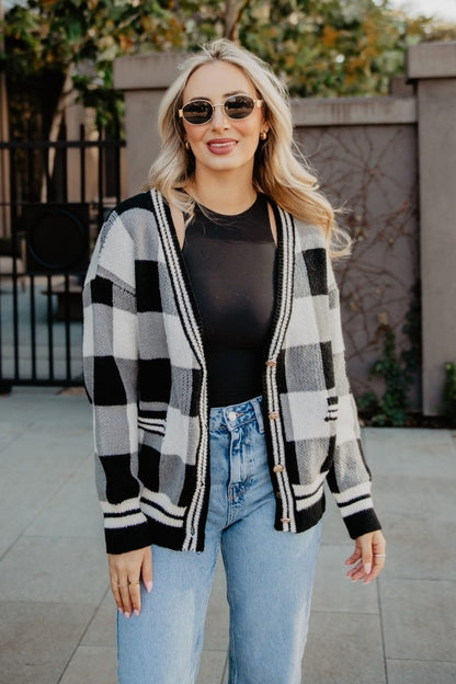 Open Front Black Plaid Cardigan Sweater
