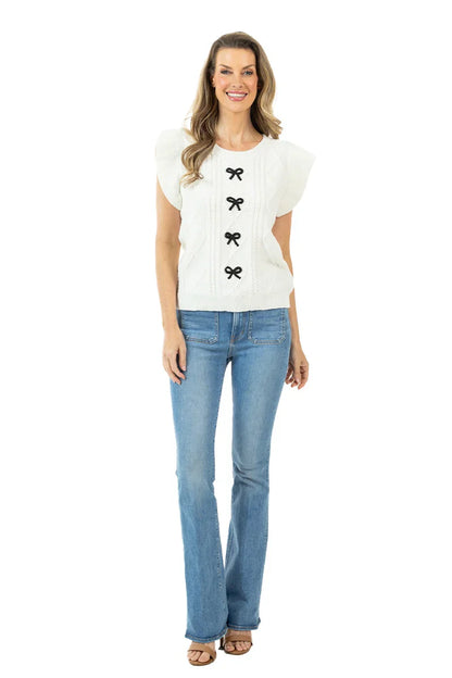 Short Sleeve Bow Sweater Top (White)