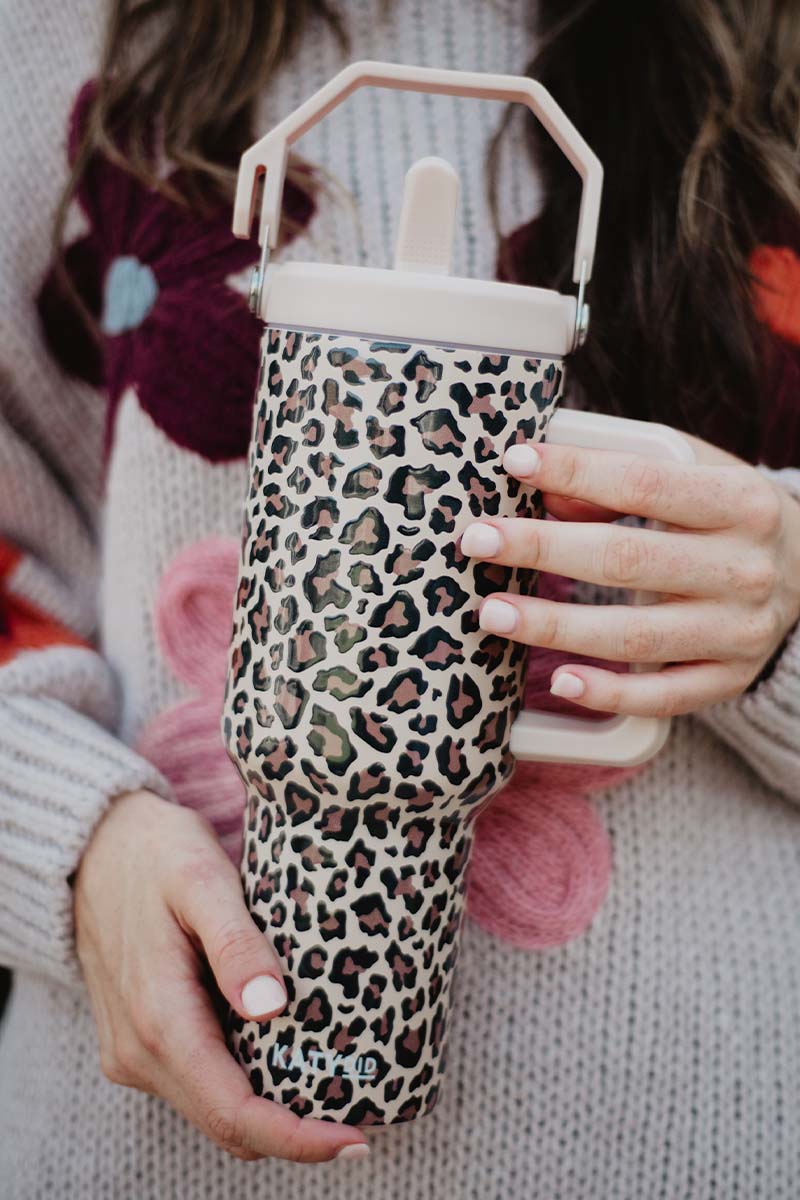 Brown Leopard Stainless Steel Tumbler with Lid Handle