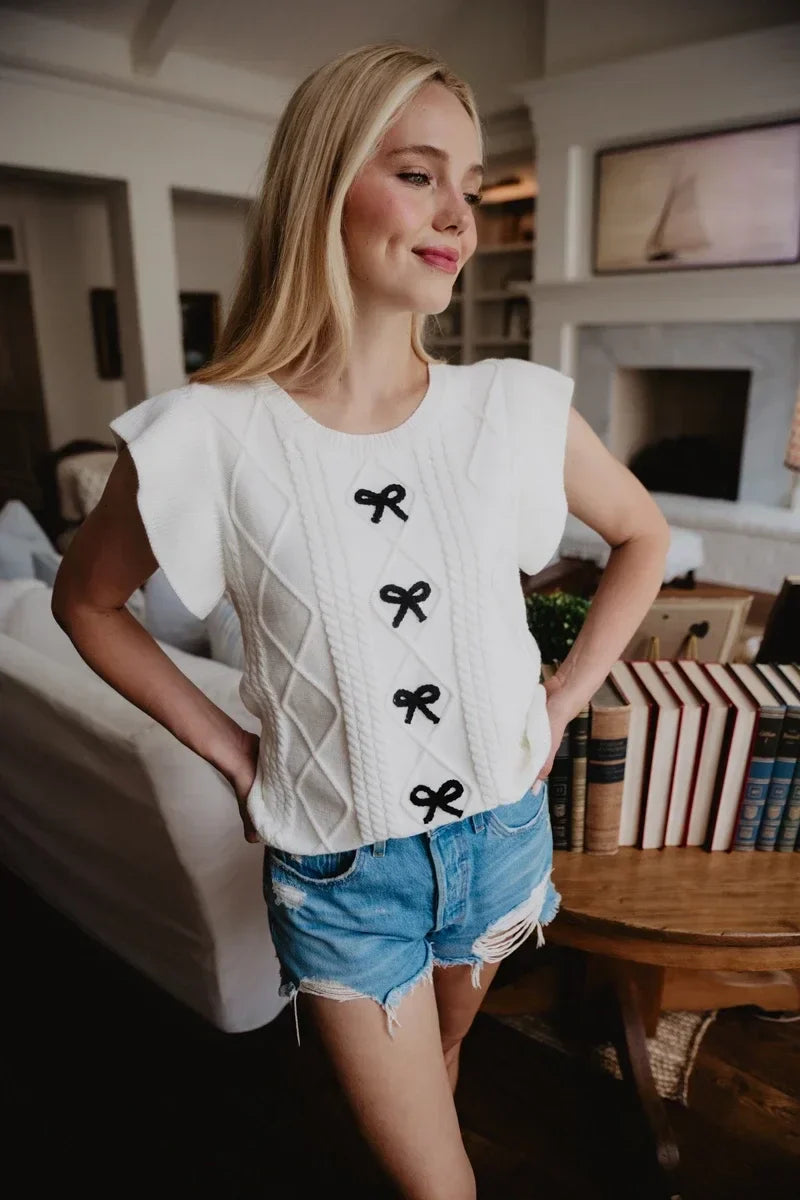Short Sleeve Bow Sweater Top (White)