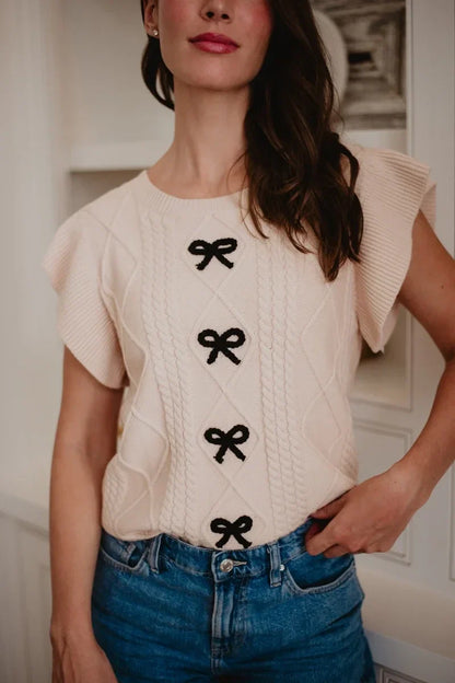 Tan Coquette Bow Sweater Top