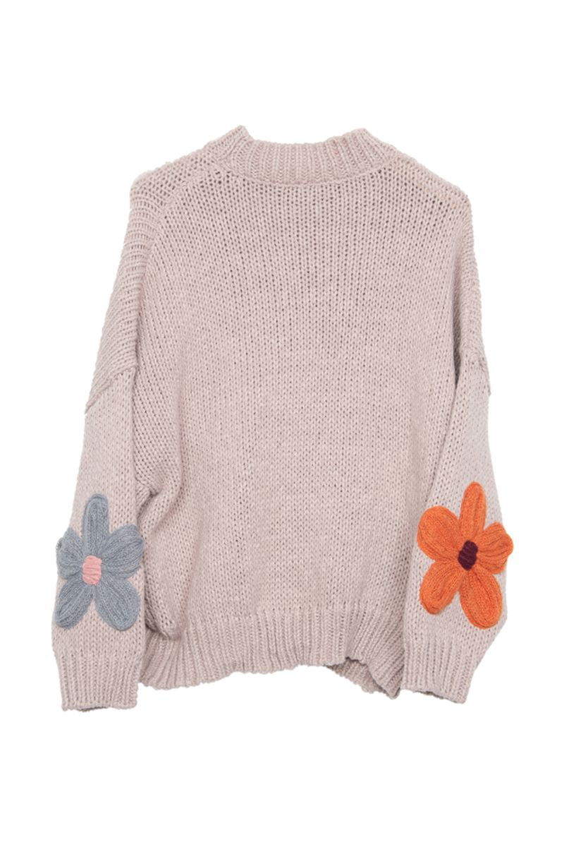 Tan Floral Knit Stitched Sweater