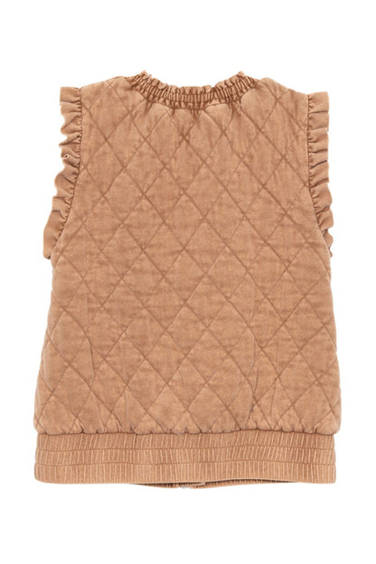 Brown Garment Washed Quilted Ruffle Sleeve Vest