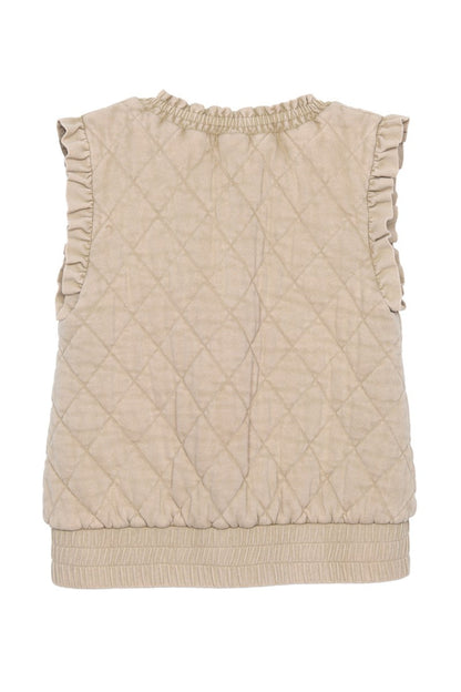 Beige Garment Washed Quilted Ruffle Sleeve Vests