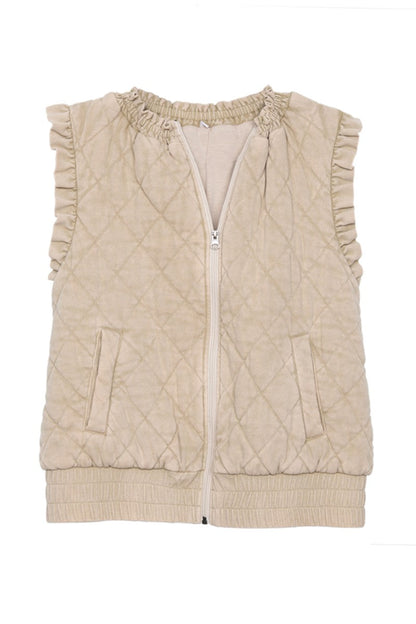 Beige Garment Washed Quilted Ruffle Sleeve Vests